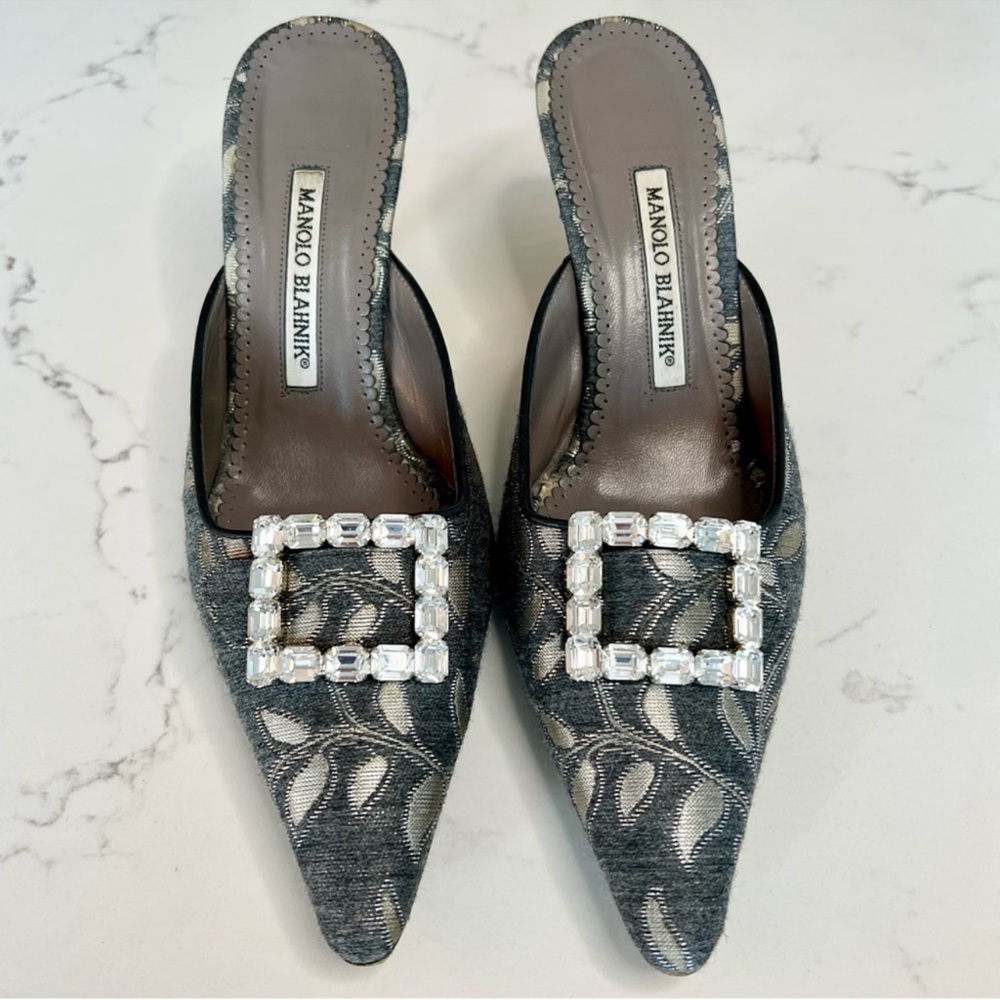 MANOLO BLAHNIK RARE and EXCLUSIVE grey and silver bejeweled mules, size 9.5
